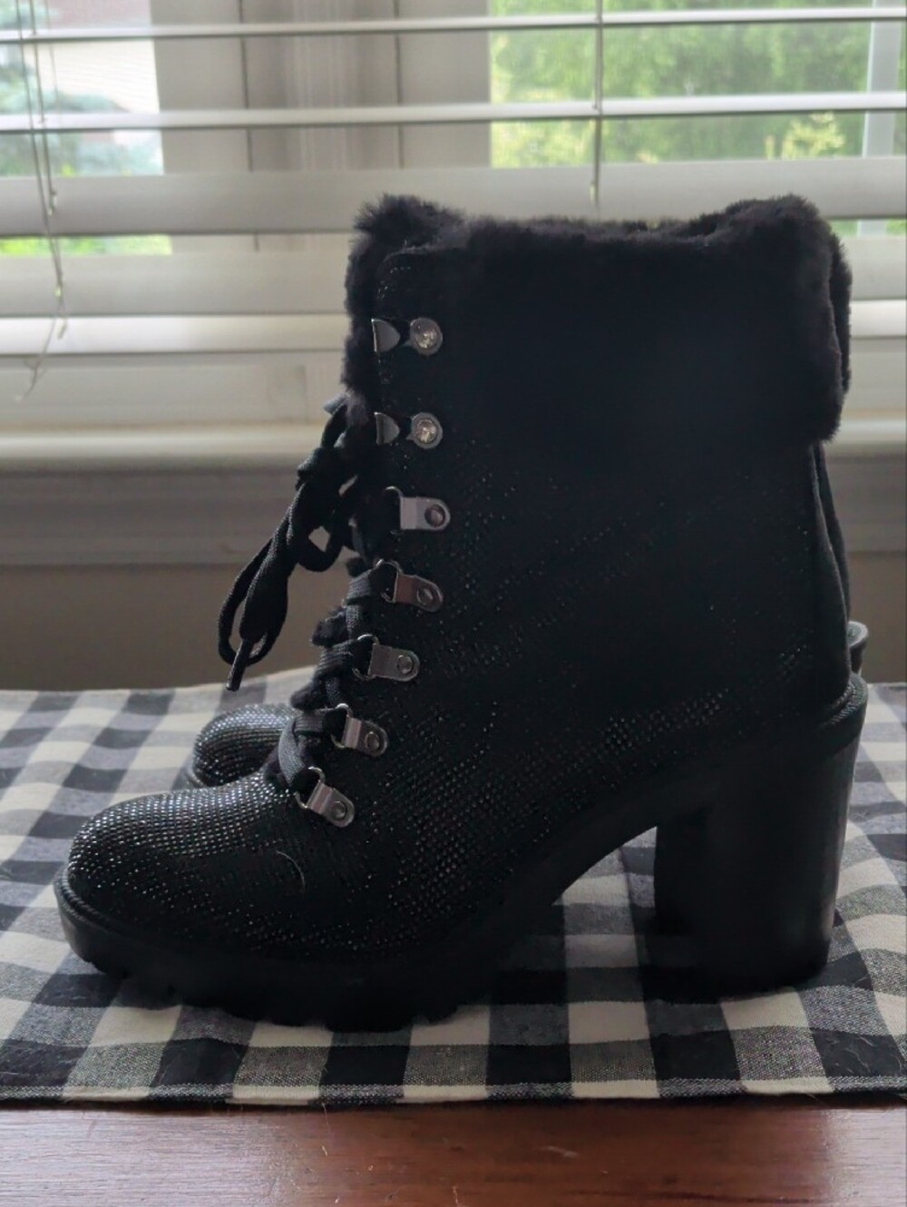 New -JLO Women's Black Sparkle Faux-Fur Lace-Up Ankle Boots